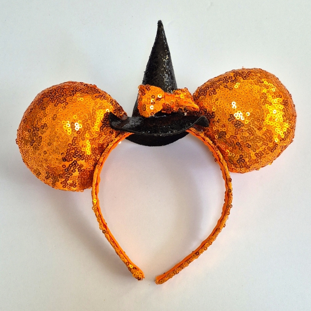 Disney Halloween Minnie Ears Witch Hat Sequin Orange Headband